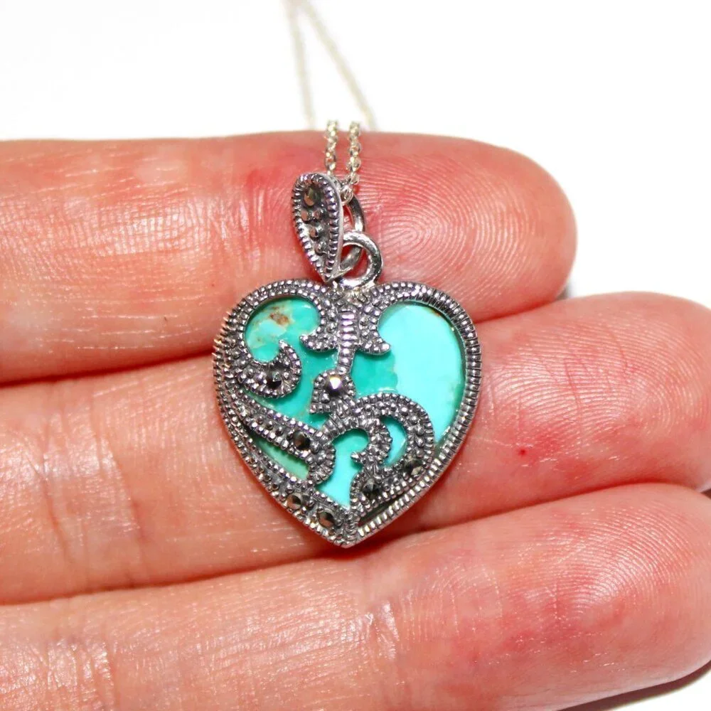 Sterling Silver Faux Turquoise & Marcasite Heart Necklace - Picture 7 of 7